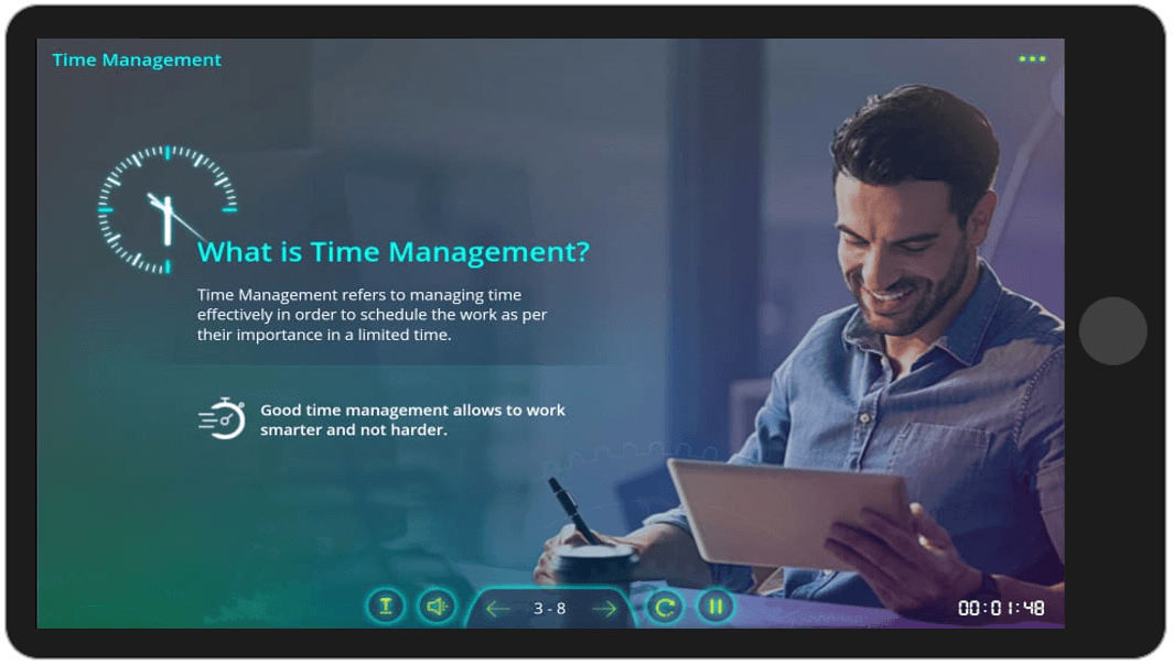 Screenshot of a mobile learning module on time management